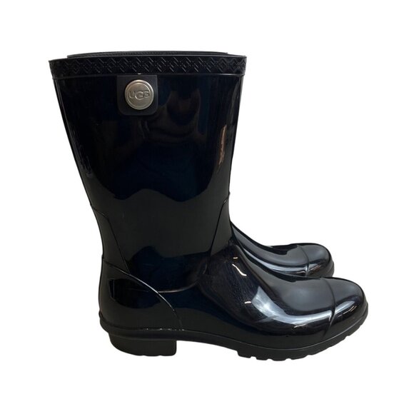 UGG Women's Shiny Black Rubber Signature Logo Sienna Rain Boots Sz 7 - Picture 6 of 14
